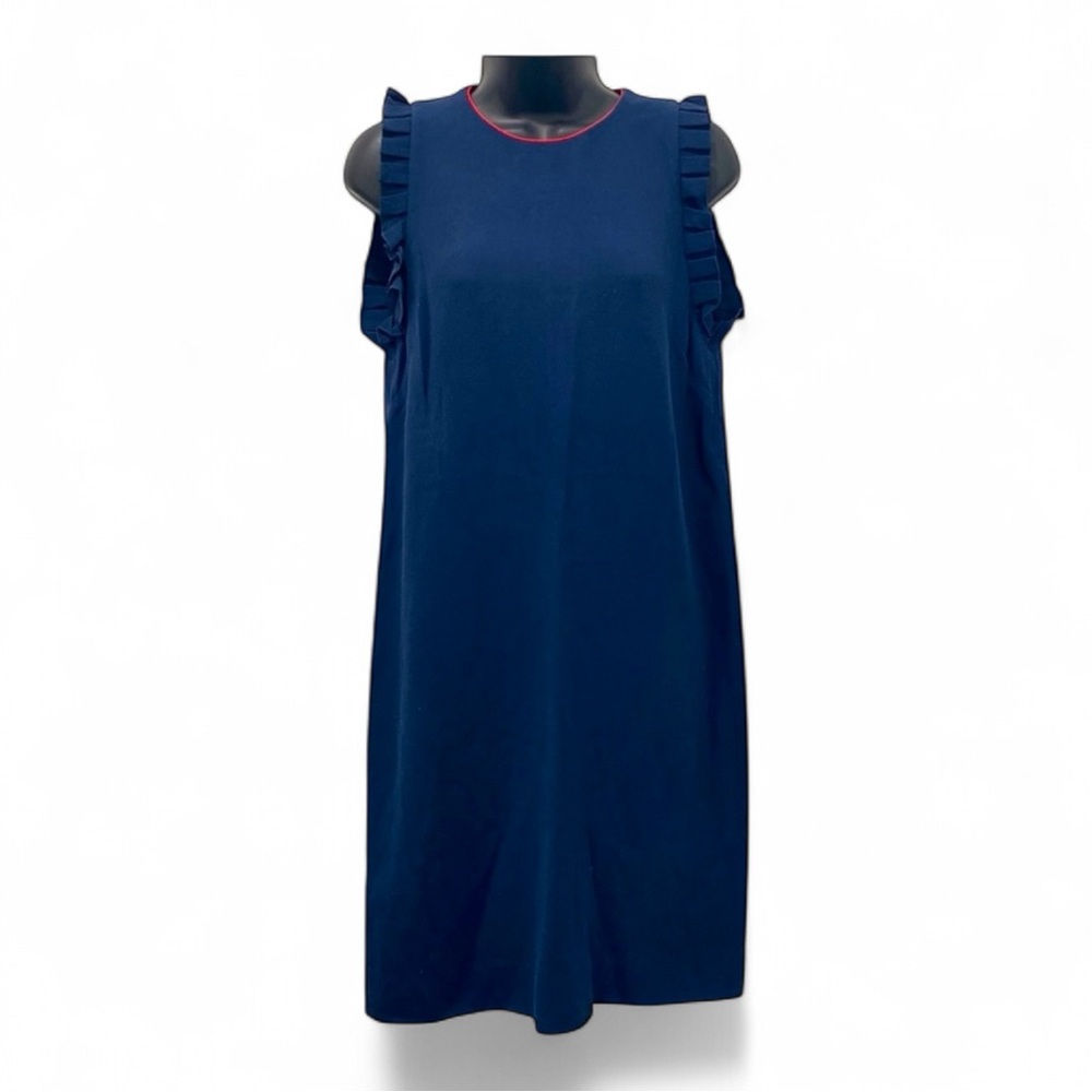 Mother of Pearl Navy Dress with Ruffle Shoulders & Red Accent -‎ Size 10